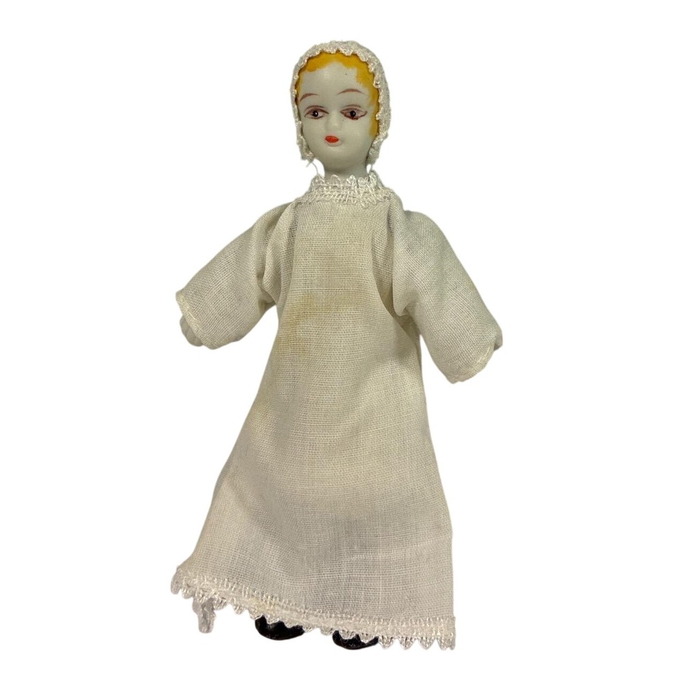 Miniature Dollhouse 1:12 Girl Doll Porcelain Cloth Body White Dress Vintage